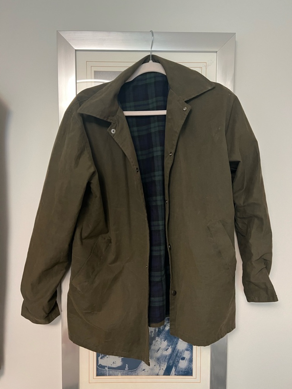 Men's Olive Green Casual Jacket with Plaid Lining
